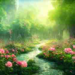 Green Enchanted Grove With Pink Roses