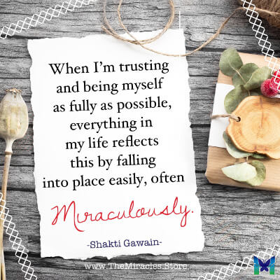 When I'm trusting and being myself as fully as possible, everything in my life reflects this by falling into place easily. ~ Shakti Gawain