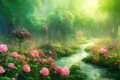 Beautiful Green Enchanted Grove with Pink Flowers and a Stream